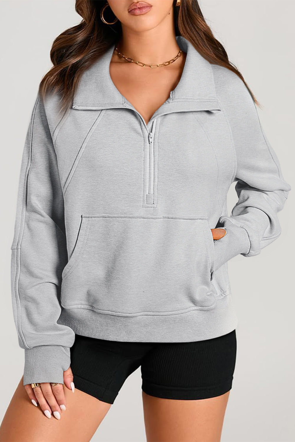 Light Grey Quarter Zip Stand Neck Kangaroo Pocket Sweatshirt