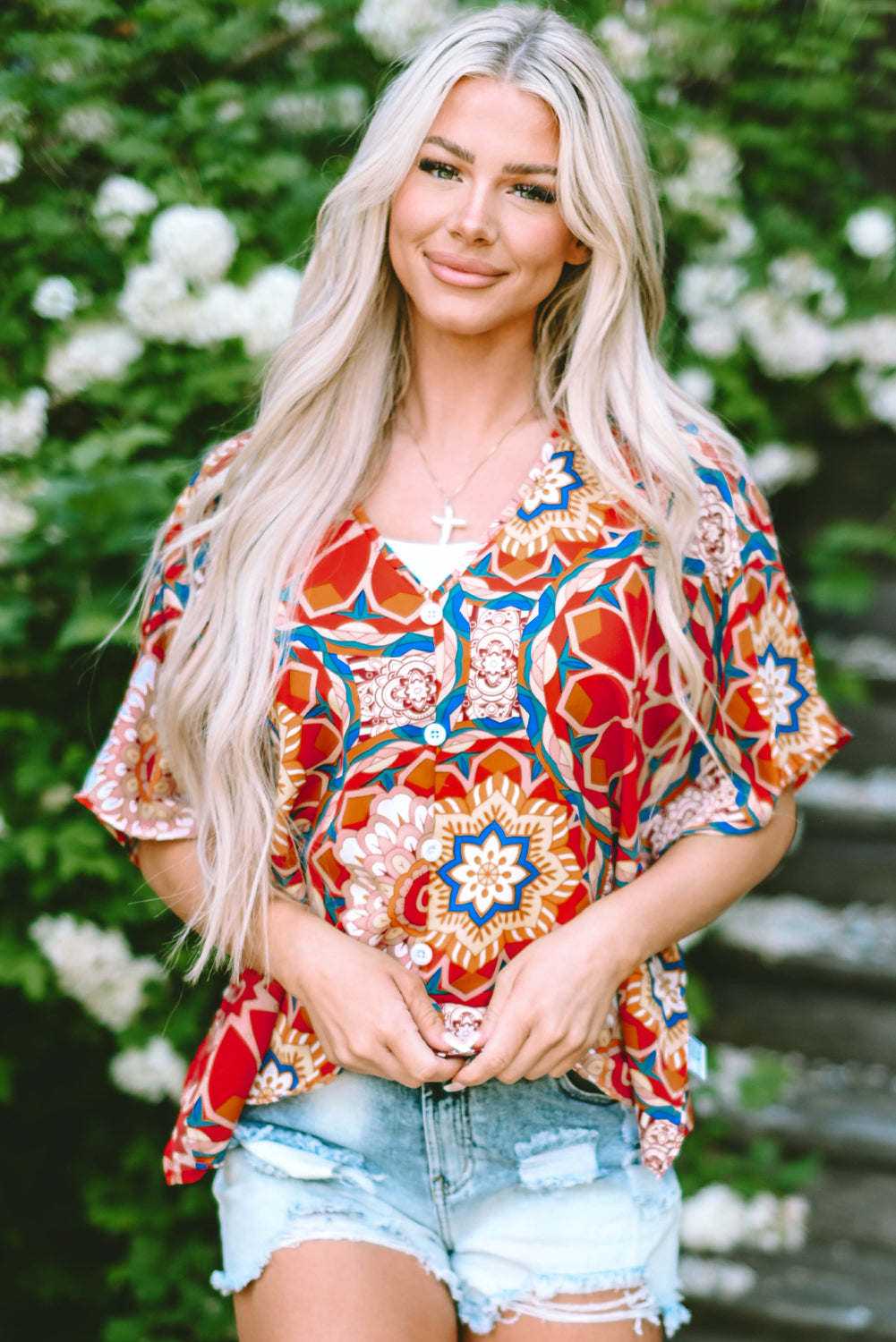 Red Floral Print Batwing Sleeve V Neck Blouse