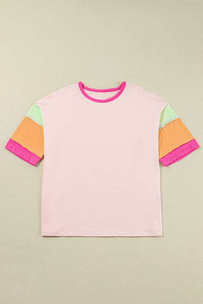 Pink Color Block Stitching Sleeve Round Neck Oversize Top