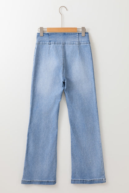 Light Blue Fly Button Exposed Seam Patched Pocket Flare Jeans