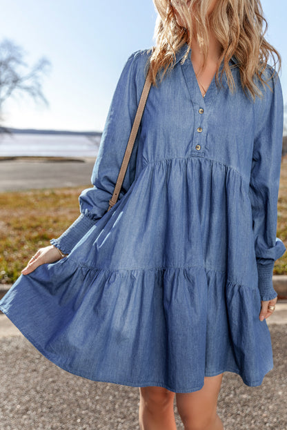 Dusk Blue Smocked Cuff Buttoned Tiered Denim Mini Dress