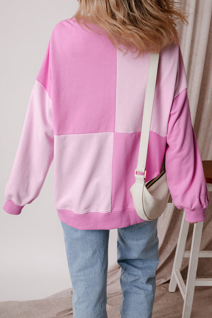 Pink Colorblock Henley High Low Oversize Sweatshirt