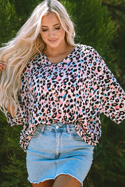 Pink Multicolor Leopard Print V Neck Oversized Blouse