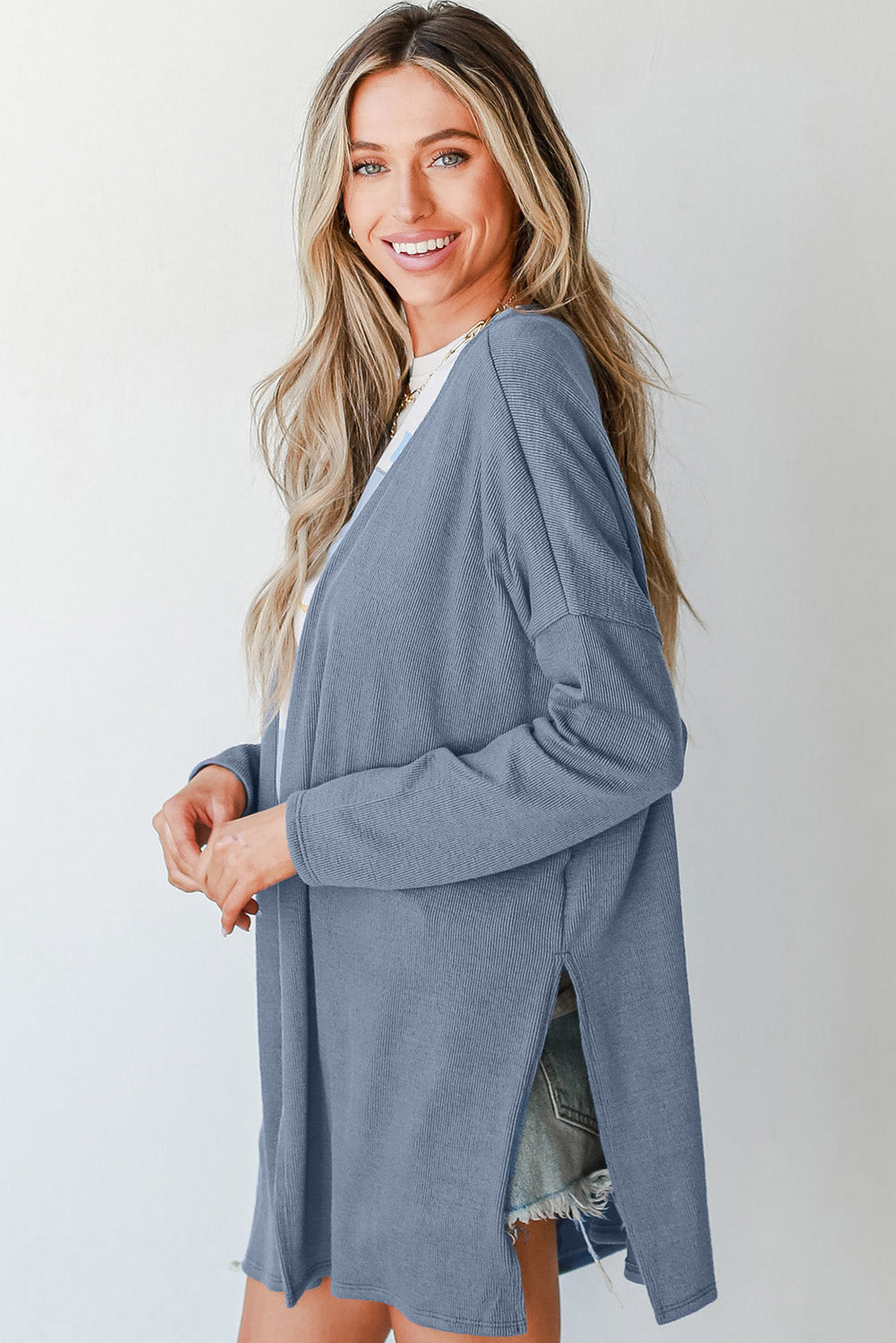 Ashleigh Blue Solid Color Rib Knit Open Front Tunic Cardigan