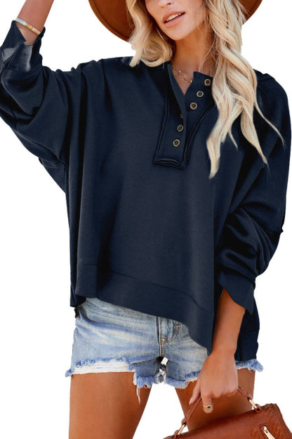 Quarter-Button Exposed Seam Dropped Shoulder Hoodie