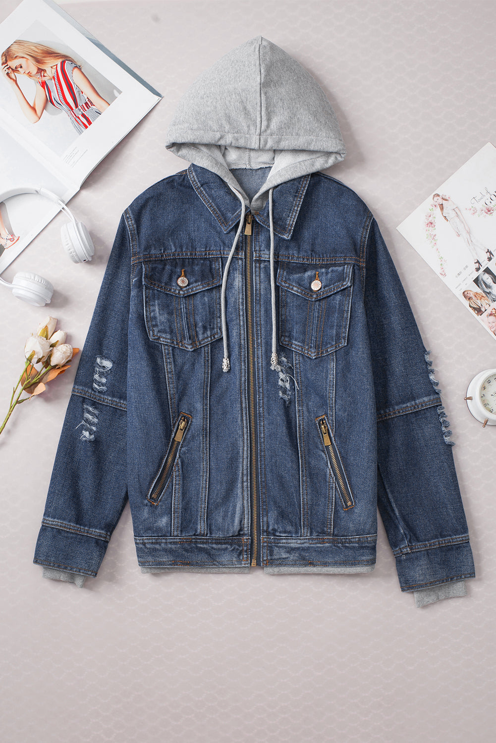 Dark Blue Fake Two-Piece Hooded Zip-Up Denim Jacket