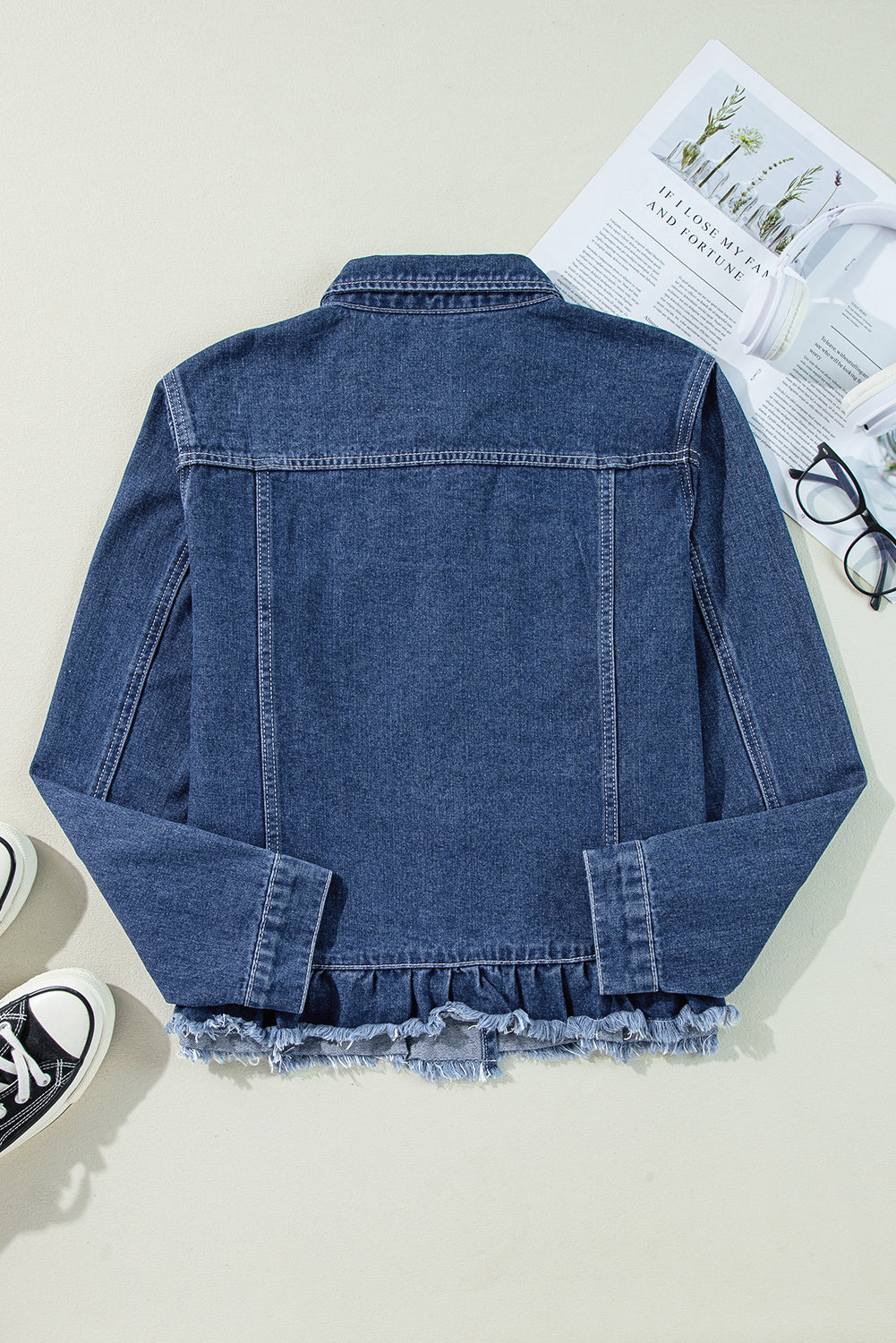 Navy Blue Ruffle Raw Hem Flap Pockets Denim Jacket