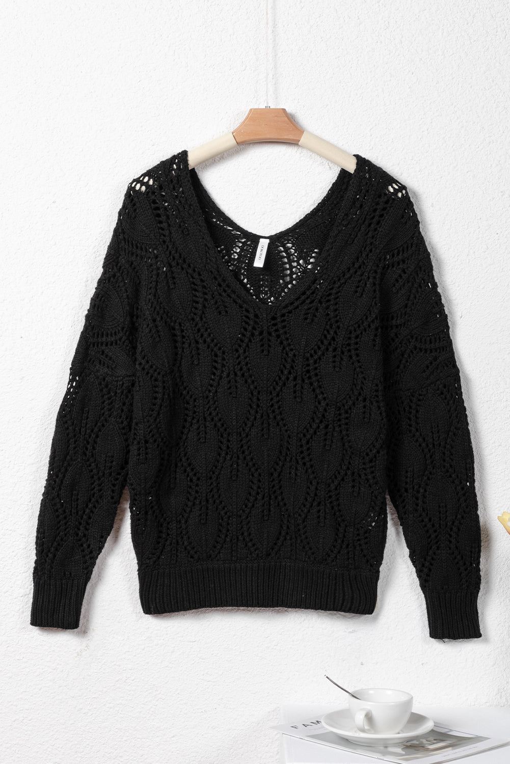 Black Crochet Knit Ribbed Hem Hollow-out Sweater