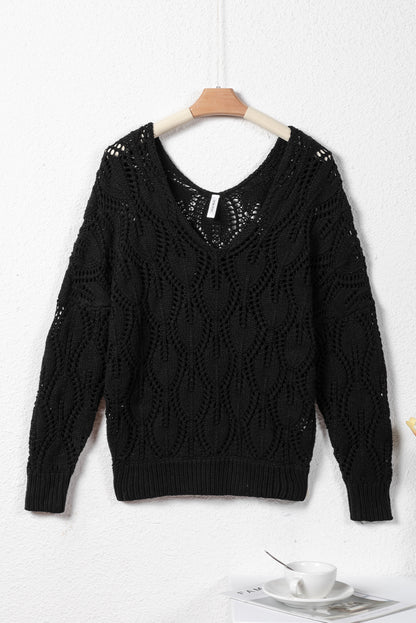 Black Crochet Knit Ribbed Hem Hollow-out Sweater