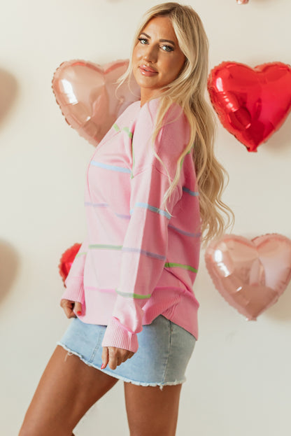 Pink Rainbow Stripes Drop Shoulder Baggy Henley Sweater