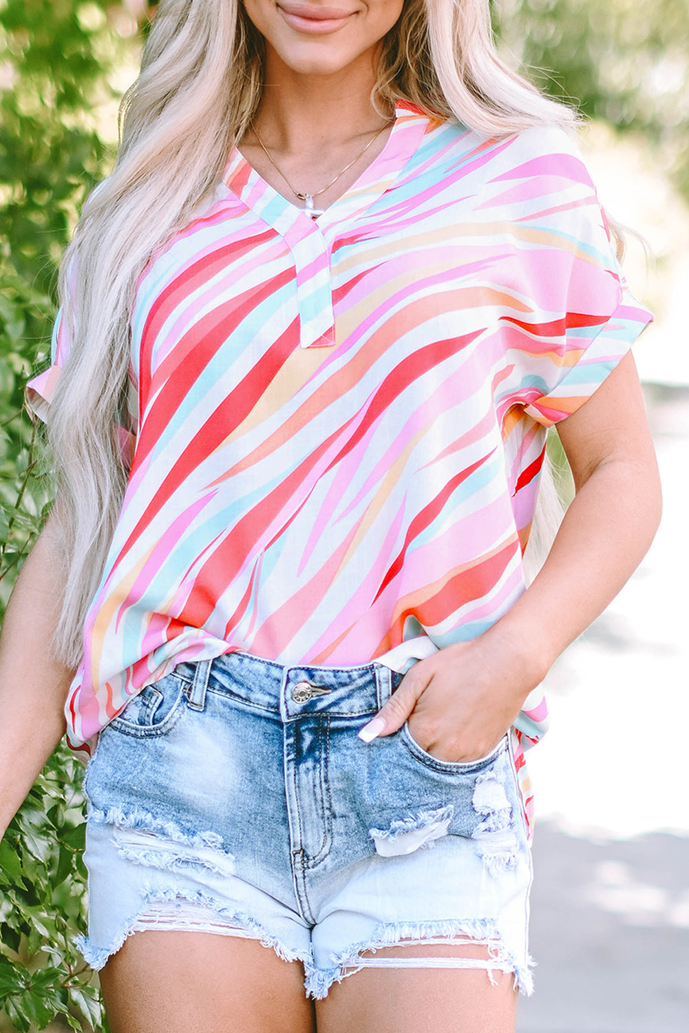 Multicolour Abstract Print High Low Short Sleeve Blouse