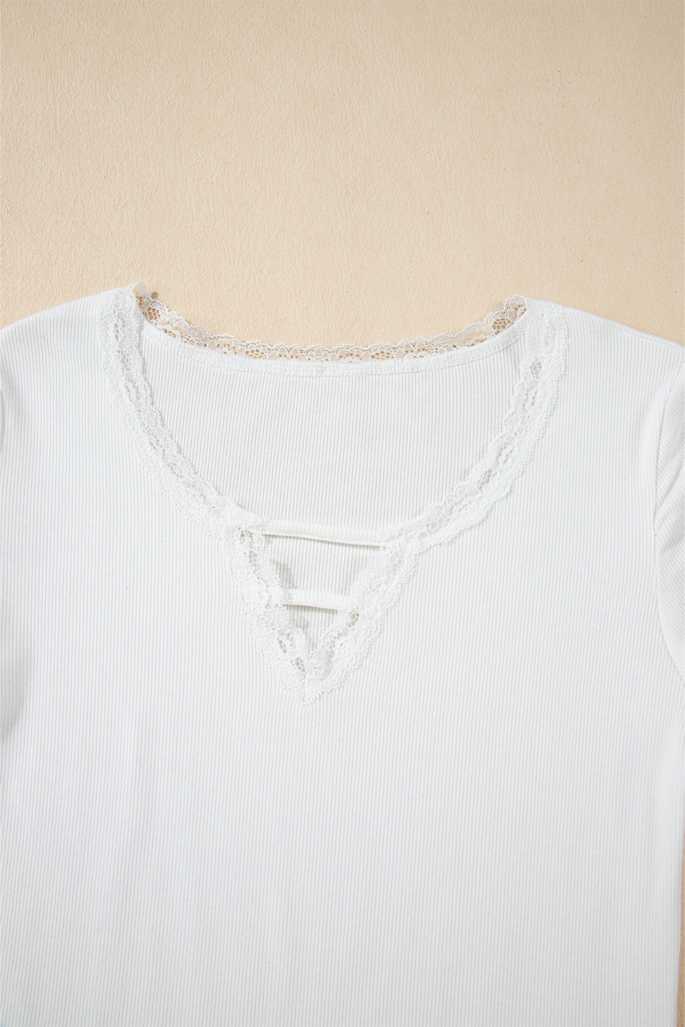 White Lace V Neckline Ribbed Slim Fit T Shirt