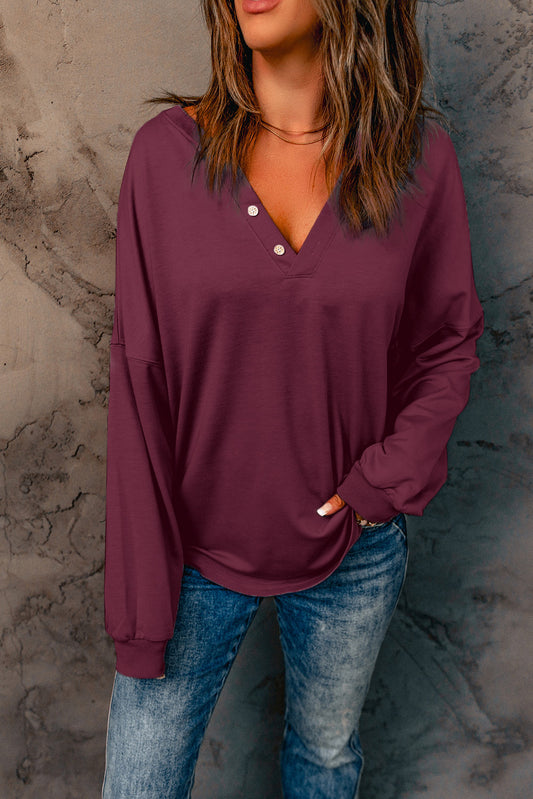 Wine Buttoned V Neck Cotton Loose Fit Top