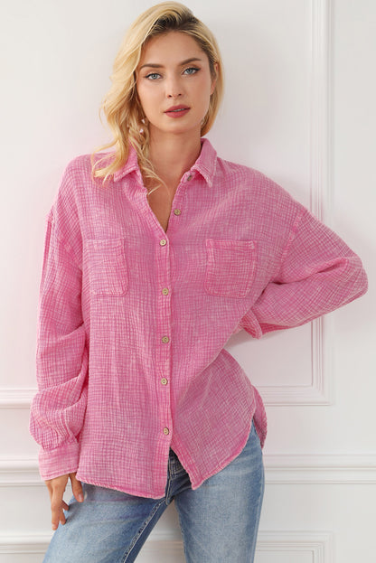 Pink Mineral Wash Crinkle Textured Chest Pockets Shirt