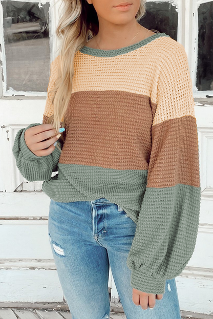 Green Stripe Textured Color Block Bubble Sleeve Baggy Top