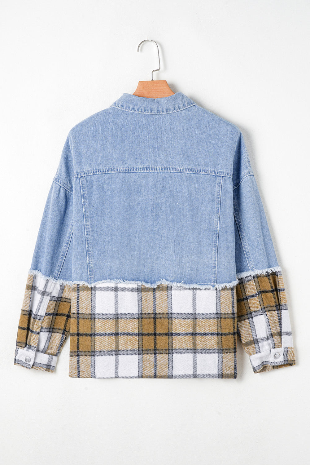 Khaki Plaid Patchwork Buttoned Oversized Denim Jacket