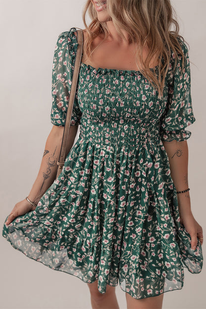 Green Smocked Square Neck Puff Short Sleeve Floral Mini Dress