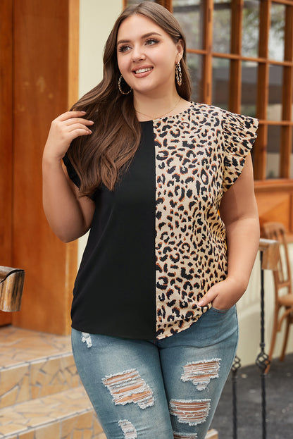 Black Leopard Contrast Block Flutter Sleeve Plus Size Top