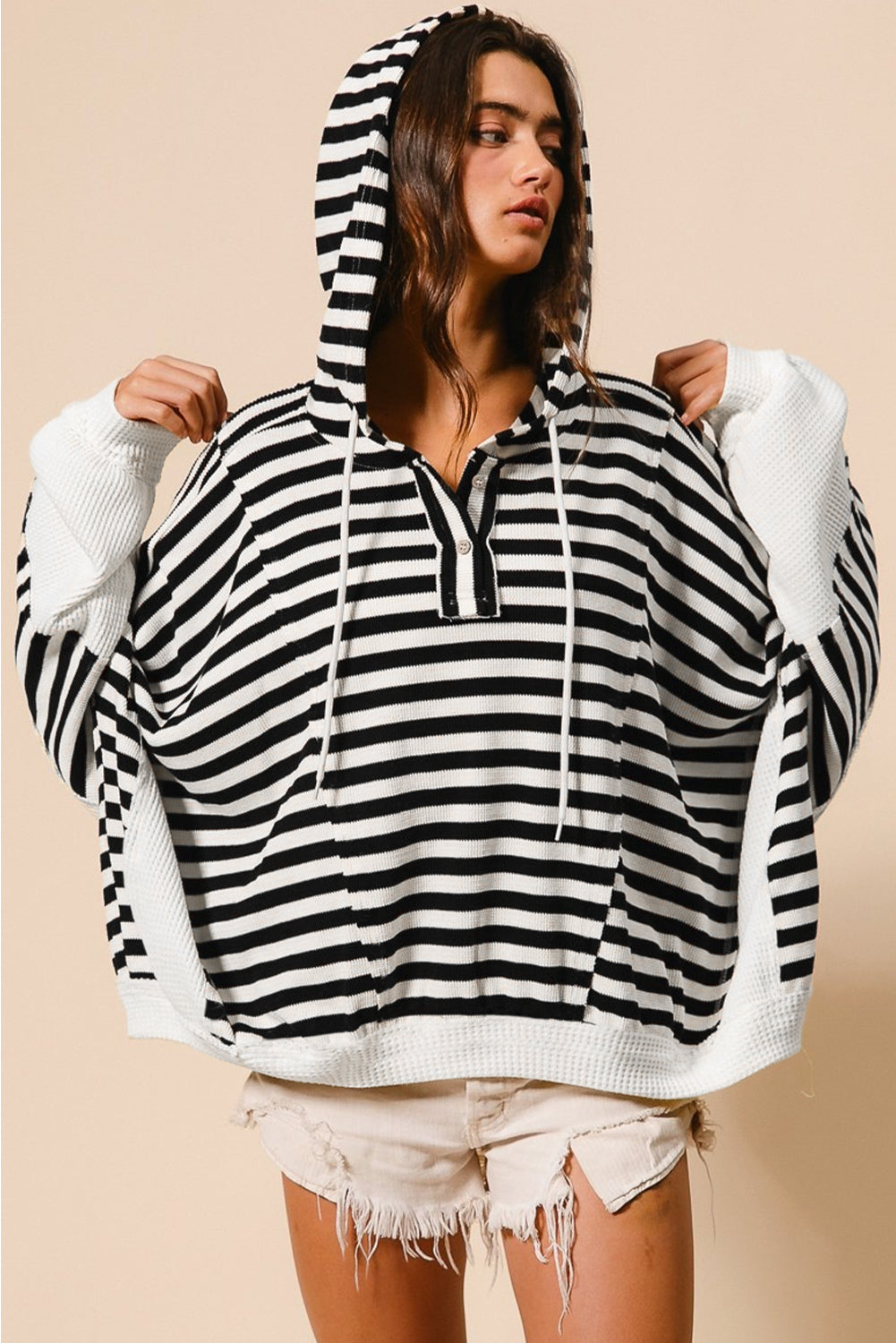 Black white Oversized Striped Henley Buttons Dolman Sleeve Hooded Top