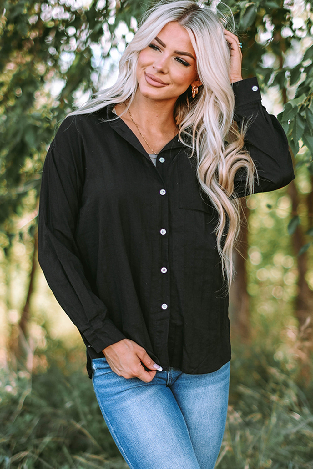 Black Textured Buttoned Pocket Long Sleeve Shirt