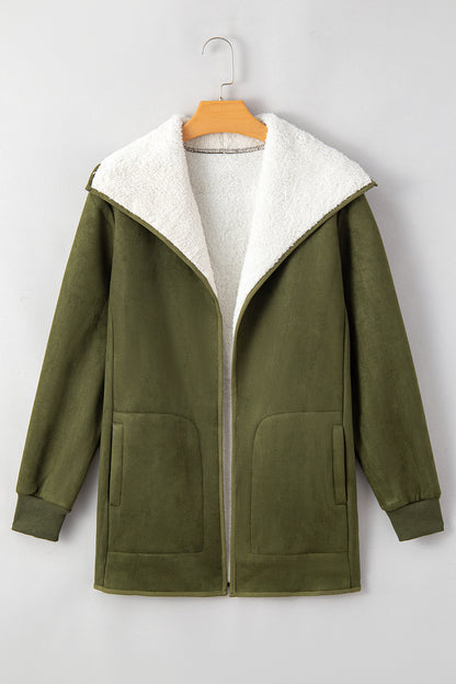 Green Faux Suede Fleece Lined Open Front Jacket