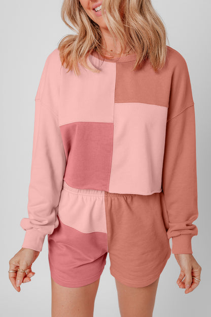 Peach Blossom Colorblock Patchwork Long Sleeve Shorts Outfit