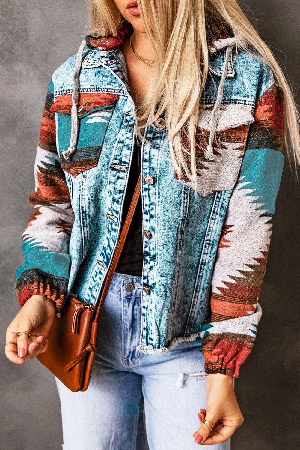 Multicolor Aztec Print Frayed Hem Denim Jacket