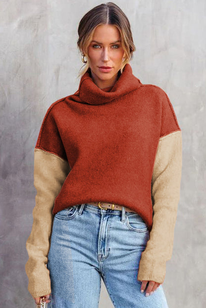 Clay Red Color Block Turtle Neck Drop Shoulder Knit Sweater