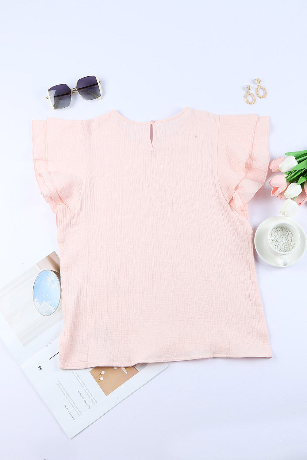 Pink Textured Tiered Ruffled Short Sleeve Blouse