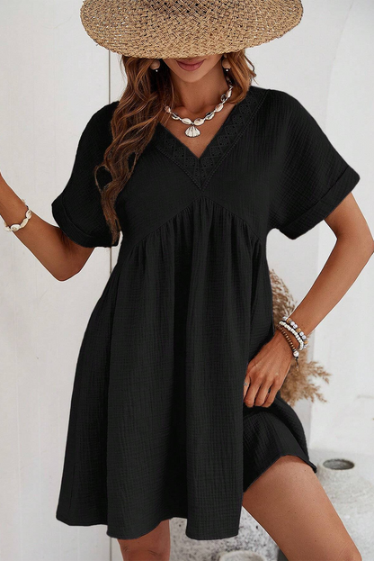 Black Folded Short Sleeve Lace V Neck Mini Dress