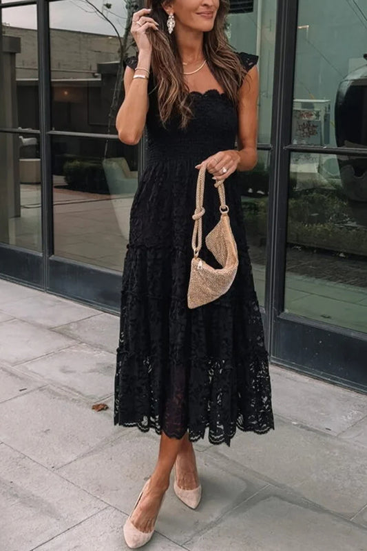 Black Lace Smocked Bodice Sleeveless Midi Dress