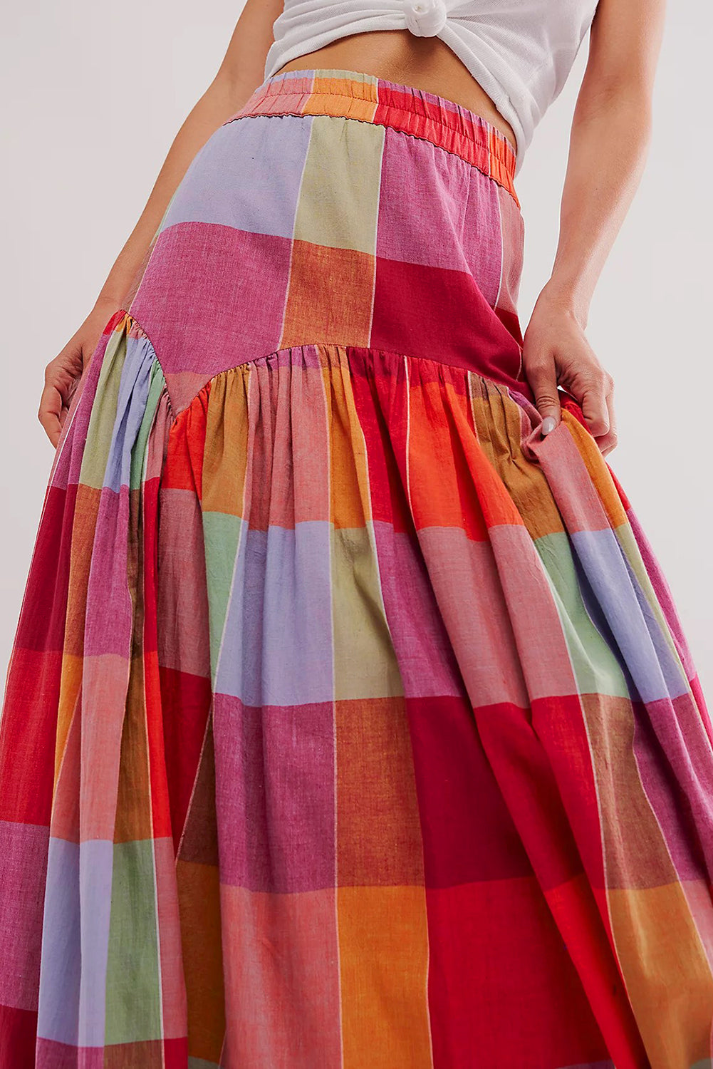 Multicolour Plaid Print Ruched High Waist Casual Maxi Skirt