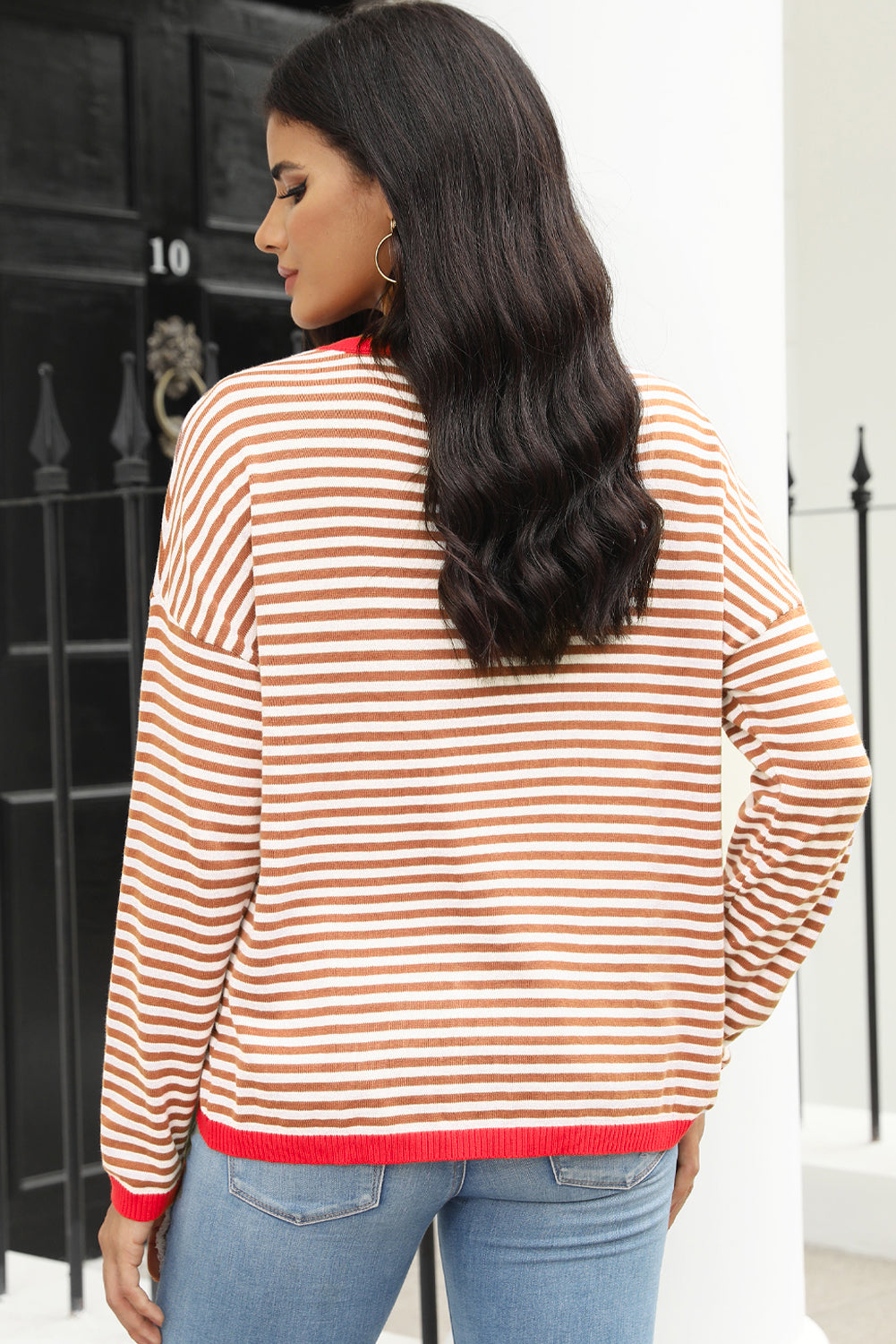 Brown Contrast Trimmed Striped Drop Shoulder Sweater