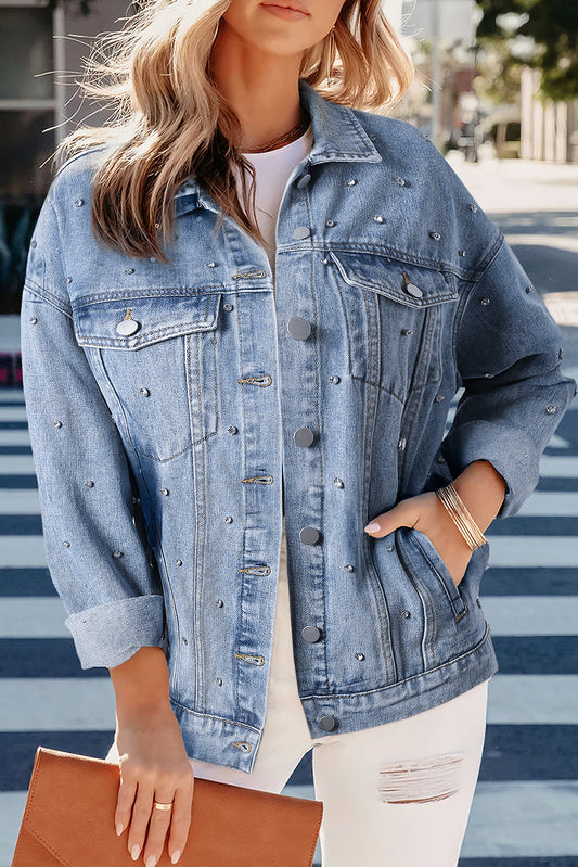 Mist Blue Rhinestones Studded Denim Jacket