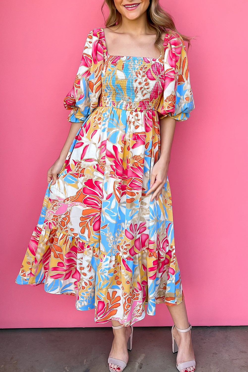 Rose Red Tropical Print Smocked Bodice Puff Sleeve Maxi Dress