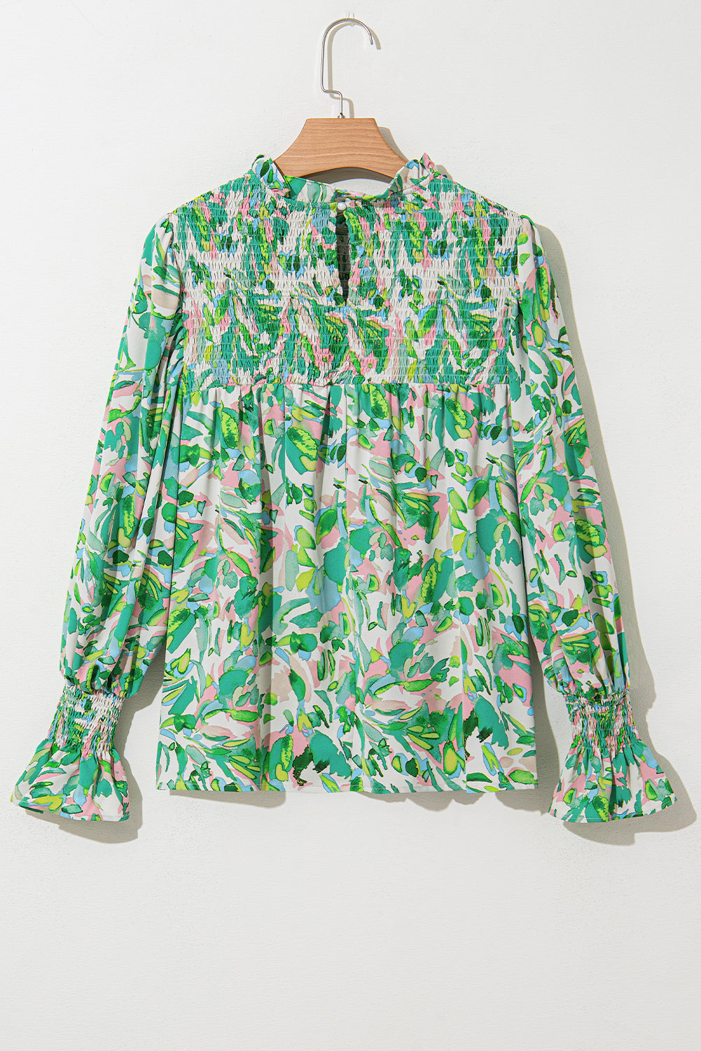 Green Leafy Printed Flounce Sleeve Shirred Mock Neck Blouse