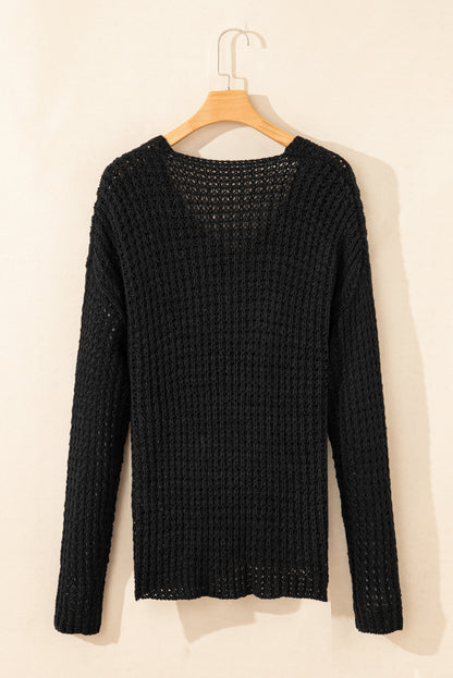 Black Hollow-out Crochet V Neck Sweater