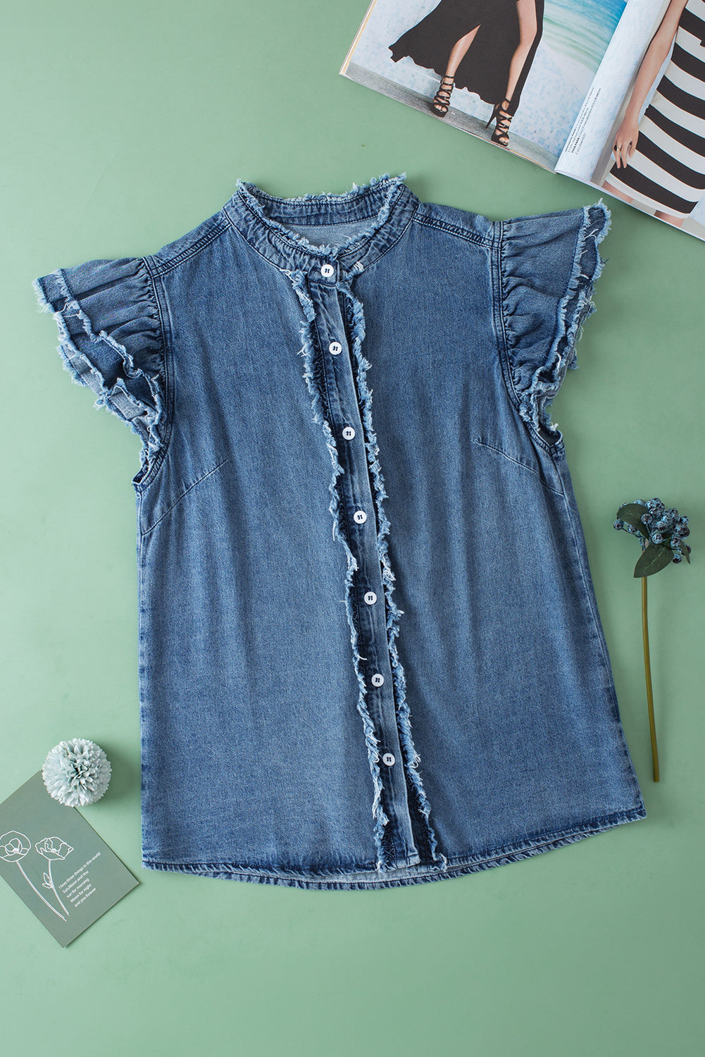 Ashleigh Blue Button Front Ruffled Flutter Frayed Denim Top