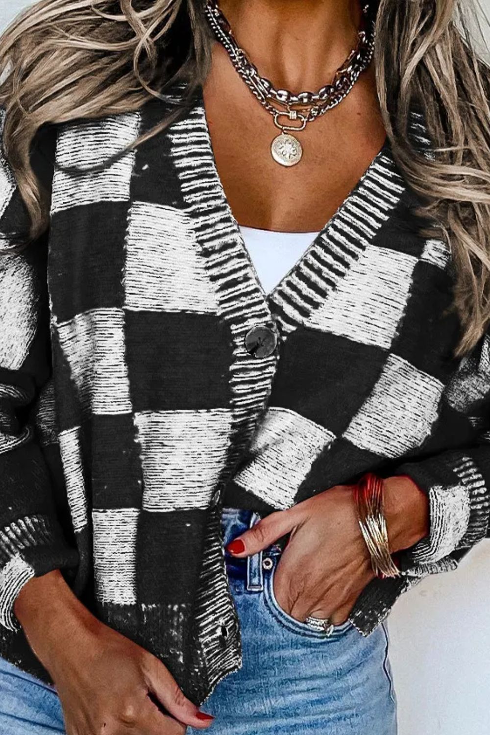 Checkered Button Up Long Sleeve Cardigan