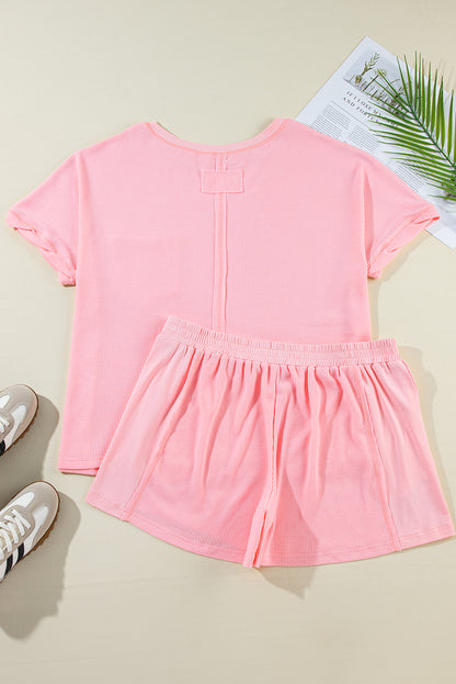 Pink Plus Size Ribbed Exposed Seam Tee and Shorts Set