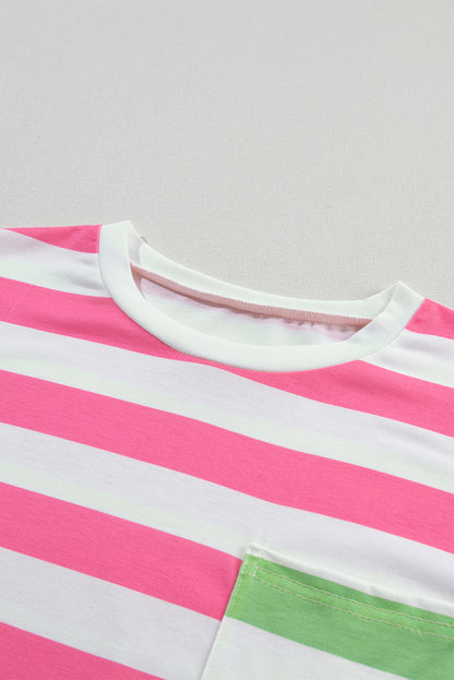 Pink Stripe Contrast Patch Pocket Drop Sleeve T Shirt