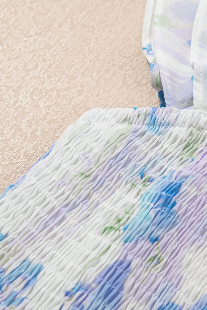 Sky Blue Floral Smocked High Waist Double Ruffle Sleeveless Maxi Dress