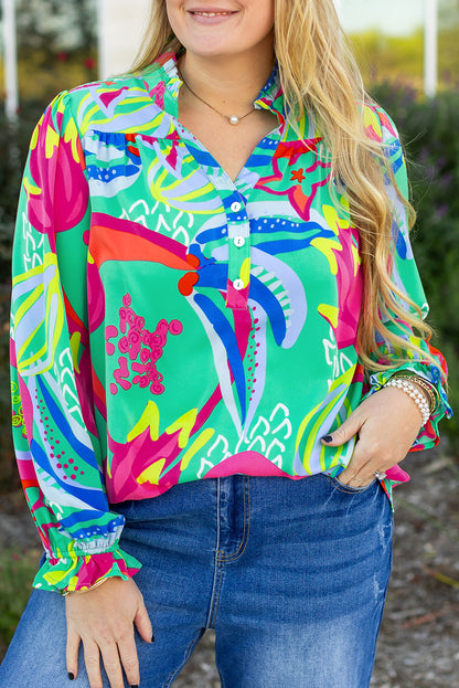 Green Abstract Printed Flounce Sleeve V Neck Buttoned Plus Size Blouse