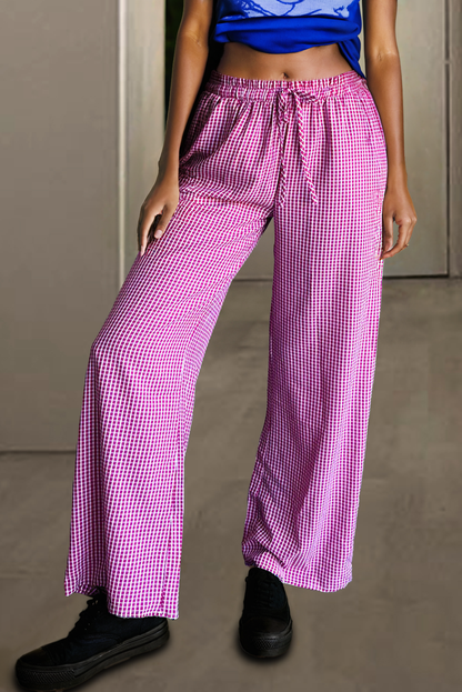 Pink Plaid Print Drawstring High Waist Wide Leg Casual Pants