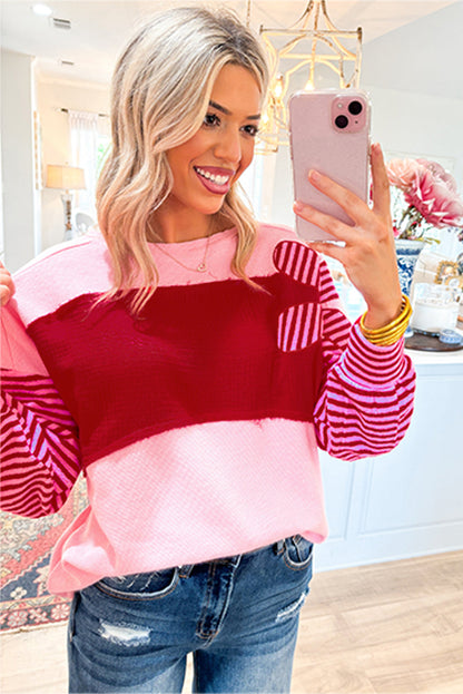 Pink Floral Patch Color Block Striped Sleeve Textured Top