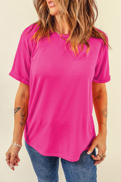 Rose Red Casual Plain Crew Neck Tee