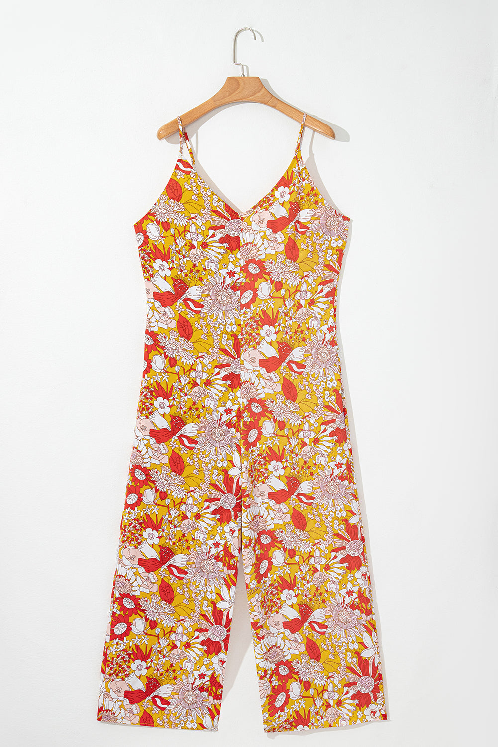 Orange Floral V Neck Wide Leg Sleeveless Jumpsuit