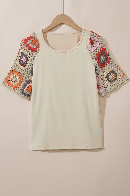 Parchment Floral Crochet Short Sleeve Top