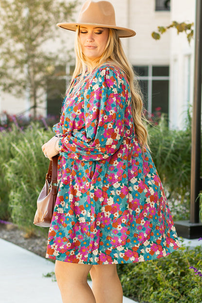 Sky Blue Plus Size Floral Print Shirred Ruffle Tiered Mini Dress