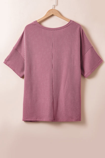 Rose Pink Textured V-Neck Dropped Shoulder Plus T-Shirt